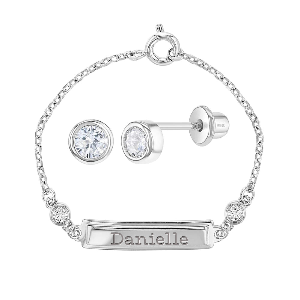 girls sterling silver jewellery set Melchior Jewellery named plate bracelet Danielle engraved with cubic zirconia stud earrings