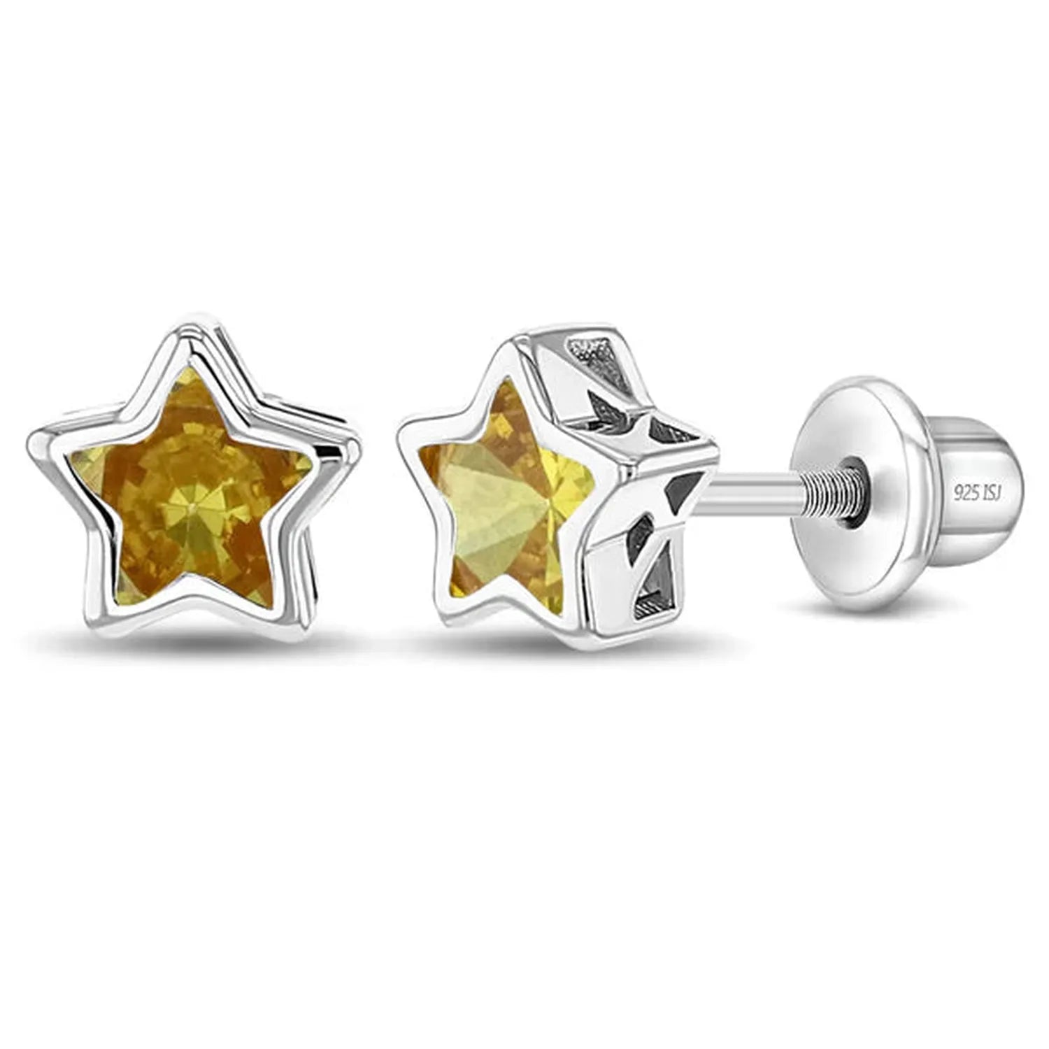 Sterling silver star-shaped Kids November Birthstone Earrings with yellow citrine stones for children