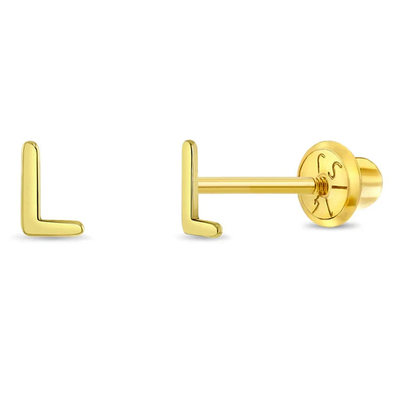 personalised gold letter L earrings for kids in 9ct gold with screw back studs by In Season Jewellery