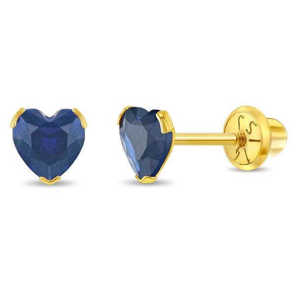 September sapphire heart screw back earrings for children by In Season Jewellery in gold setting