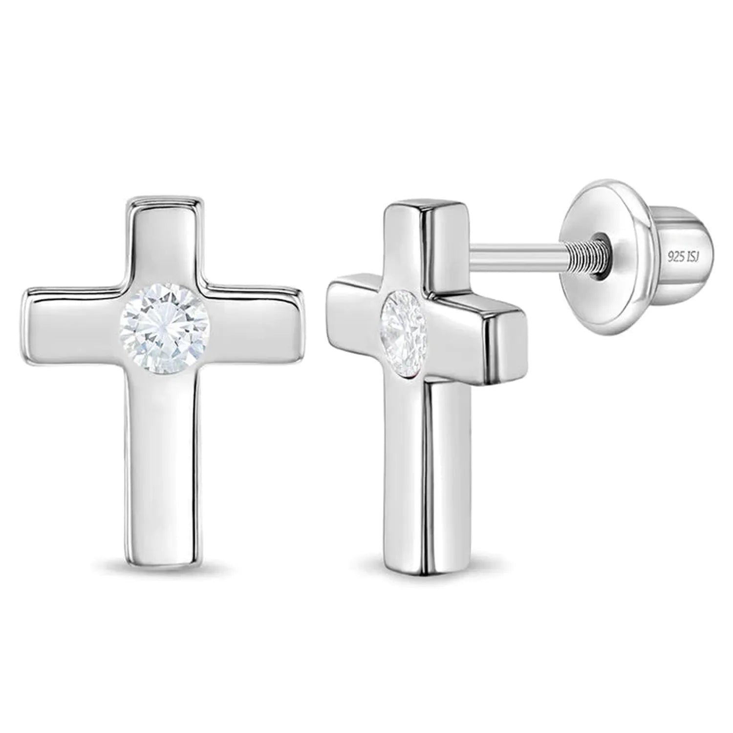Sterling Silver Girls Cross Earrings with a central sparkling clear cubic zirconia stone by In Season Jewellery