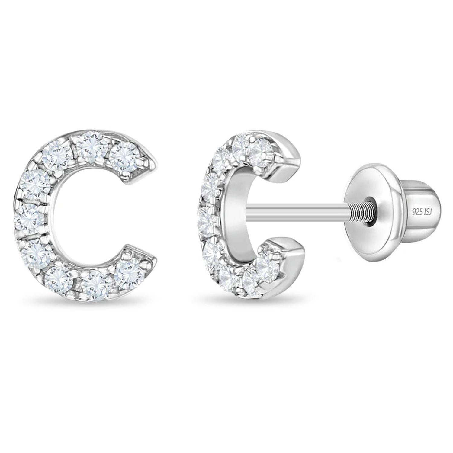 In Season Jewellery sterling silver initial C earrings studded with sparkling clear crystals and secure screw back