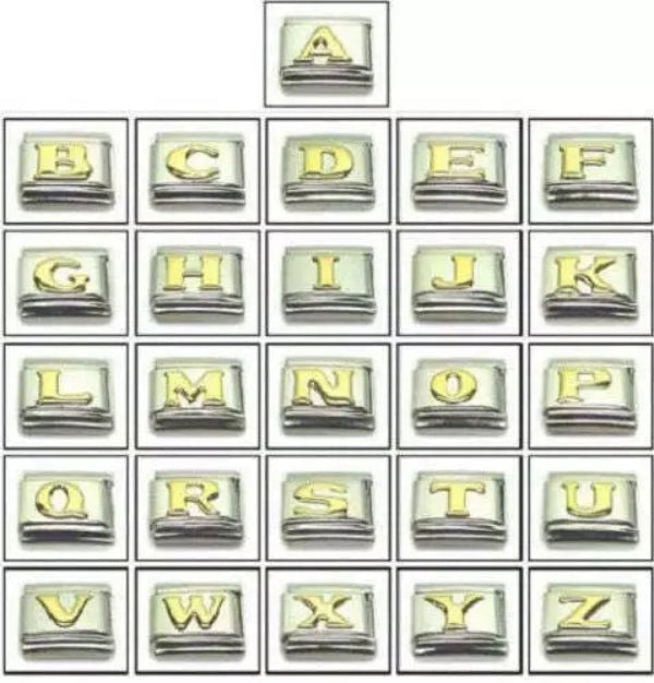 Melchior Jewellery Steel Italian charms A-Z gold letters on stainless steel modular bracelet links for personalised jewellery