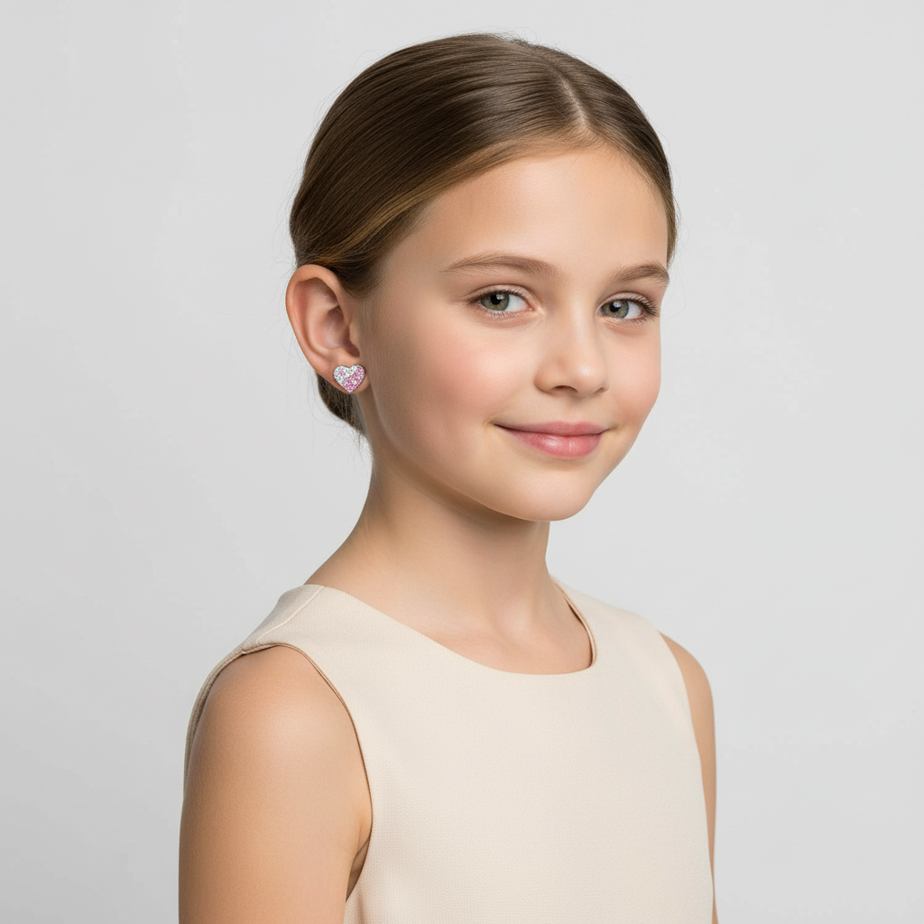 Young girl wearing kids heart-shaped silver earrings from Melchior Jewellery with pink detailing