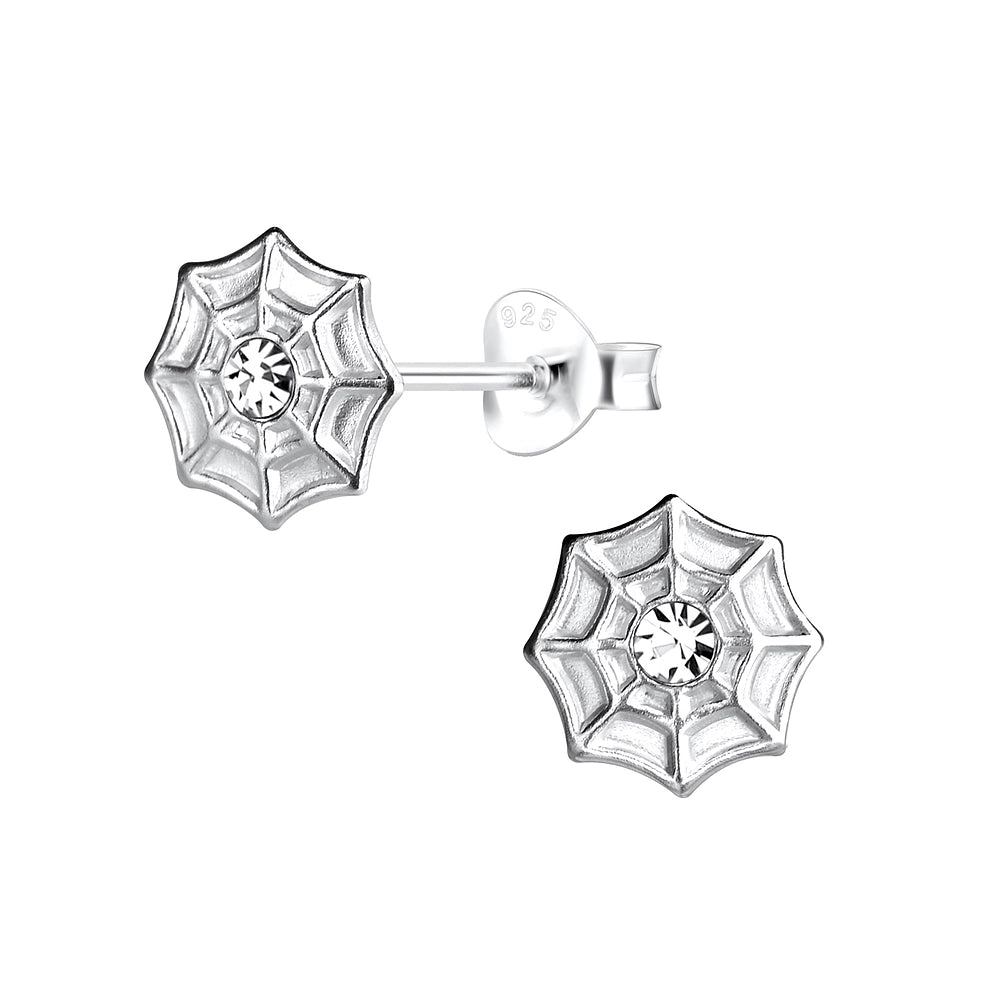 Melchior Jewellery kids spider web stud earrings in silver with clear centre stone for children