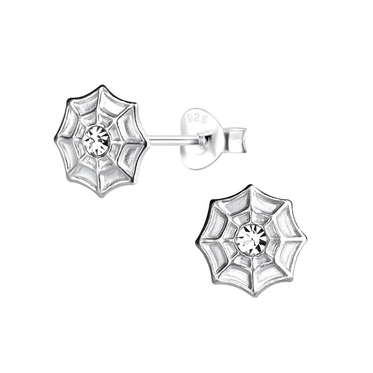 Melchior Jewellery kids spider web stud earrings in silver with clear centre stone for children