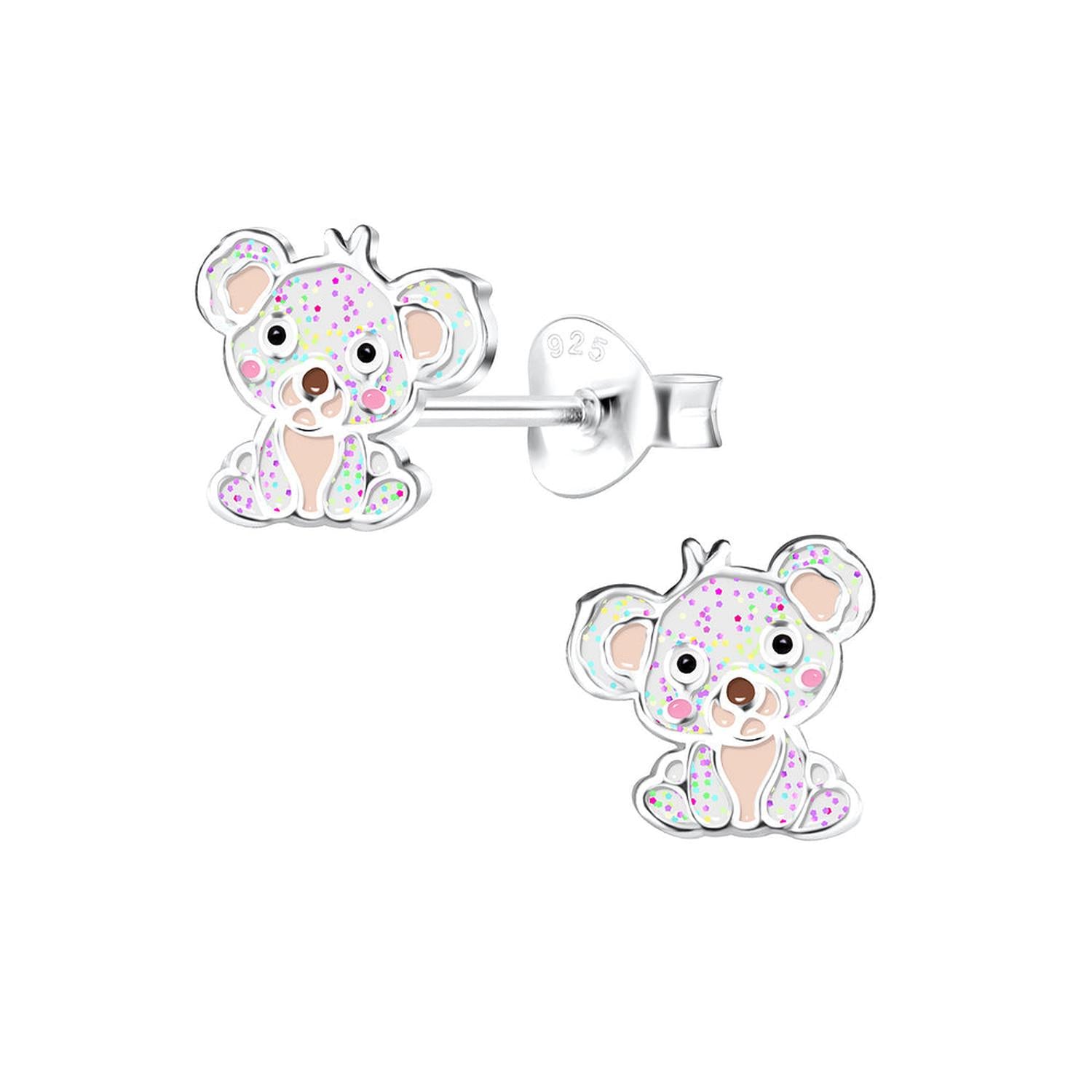 Childrens sterling silver koala earrings with colourful enamel spots by Melchior Jewellery