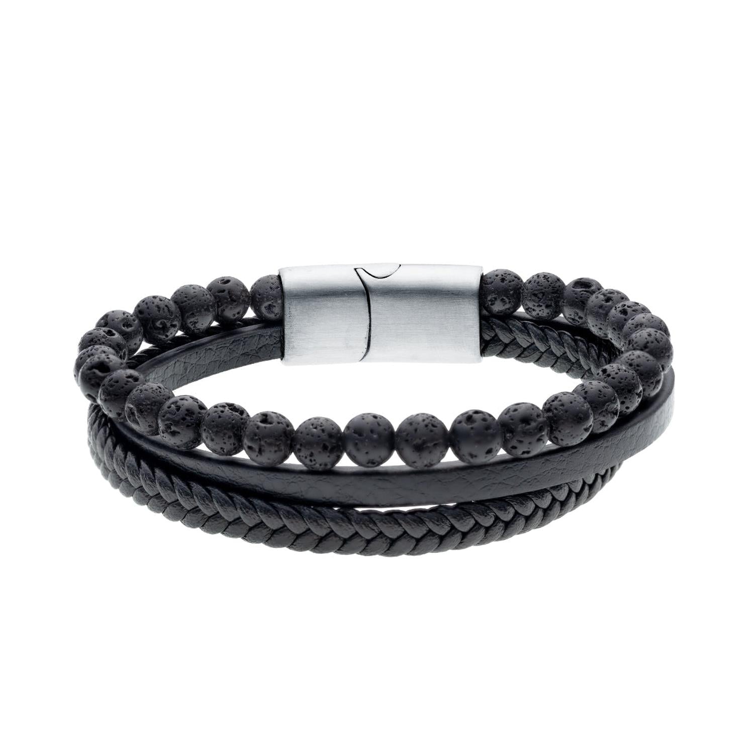 mens volcanic lava stone bracelet with black braided leather and silver magnetic clasp by Melchior Jewellery