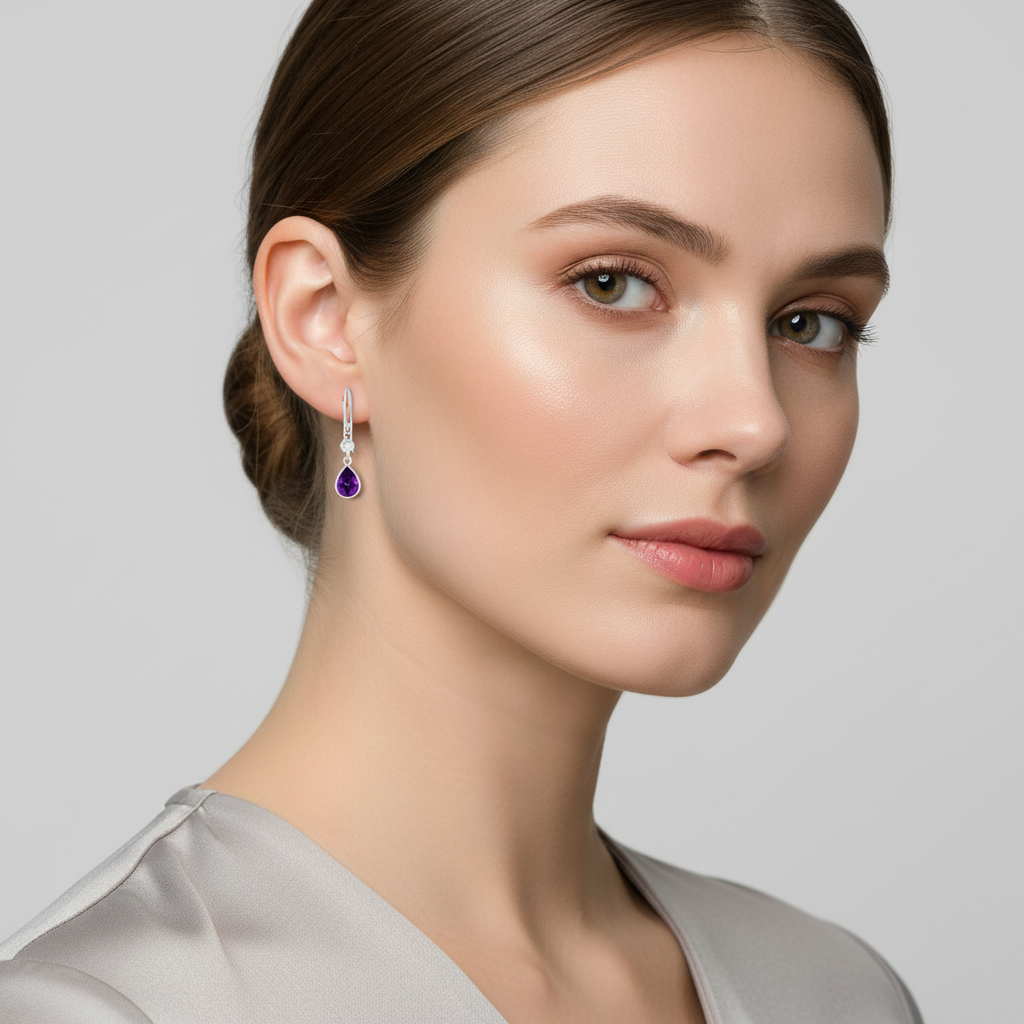 Sterling Silver CZ Amethyst Drop Earrings for Women - Melchior Jewellery