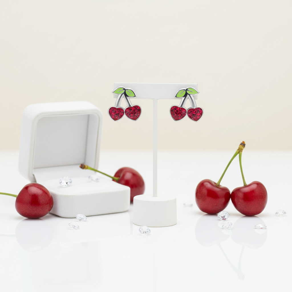 Sterling Silver Earrings for Girls Crystal Cherry Design - Melchior Jewellery