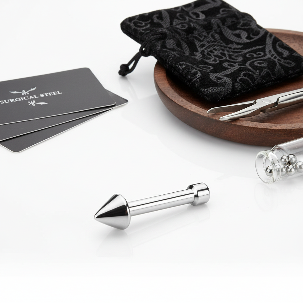 316L surgical steel nose stud with cone design by Melchior Jewellery on white surface with pouch and tools