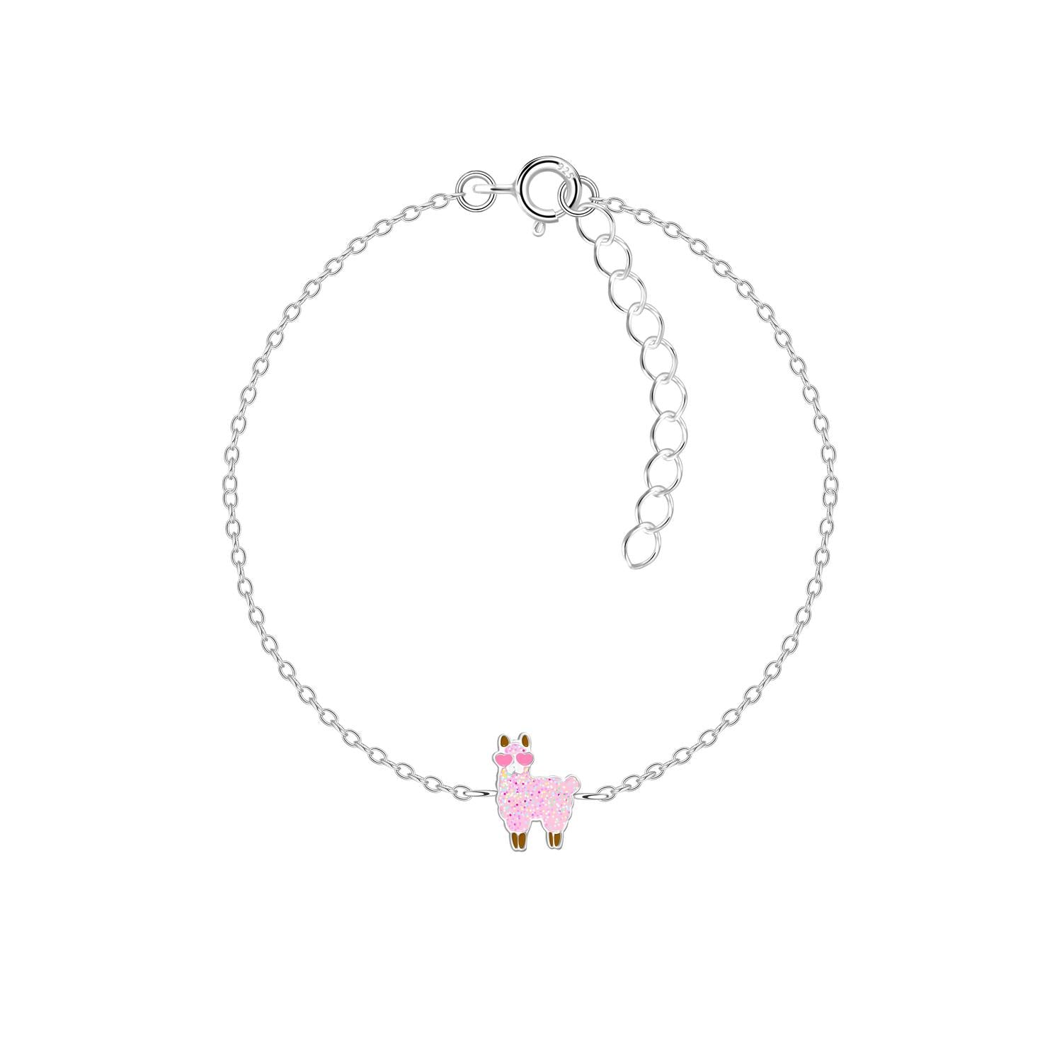 Melchior Jewellery girls llama bracelet with a delicate silver chain and a pink llama charm for children