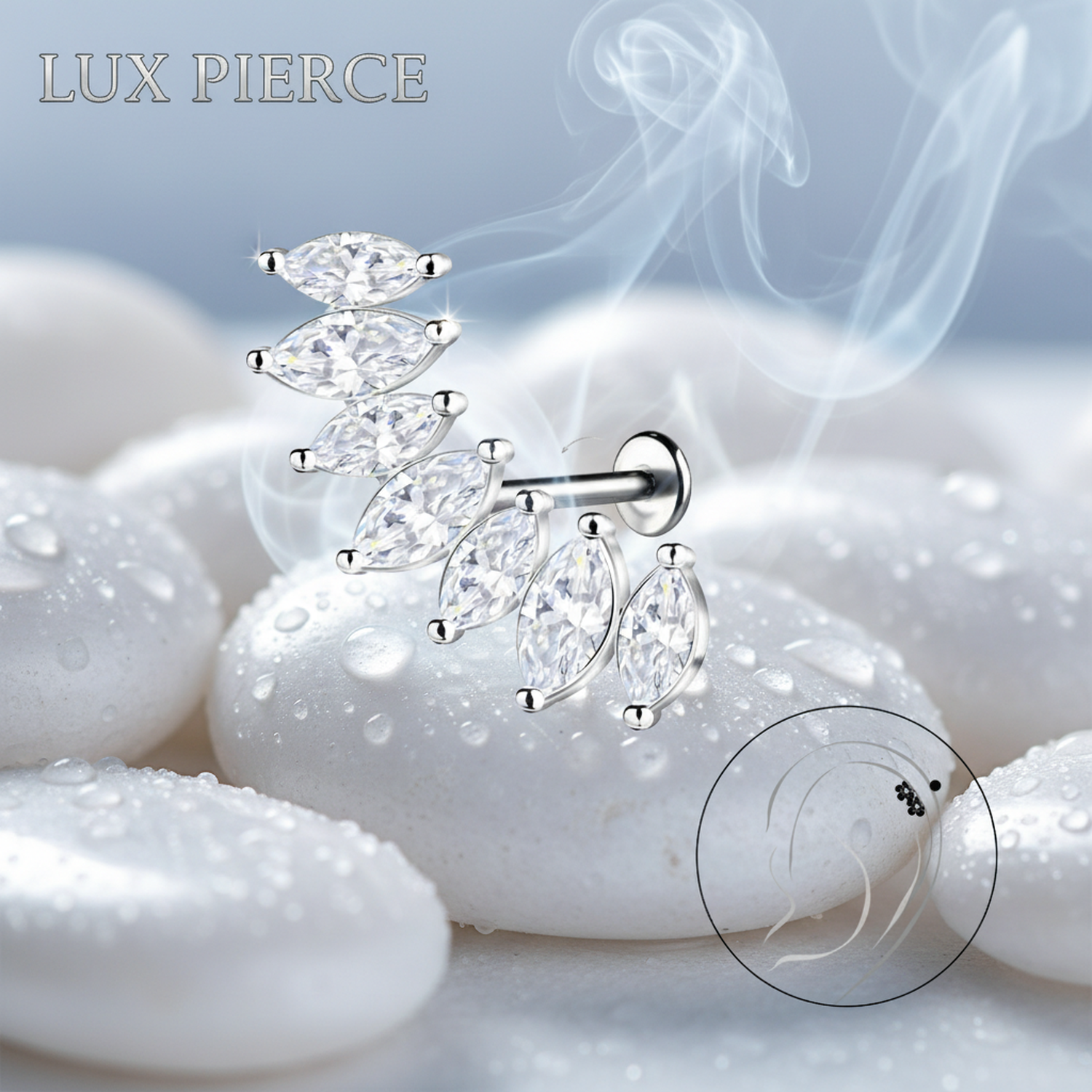 Sterling silver geometric earring from Melchior Jewellery featuring sparkling crystal design on smooth white stones