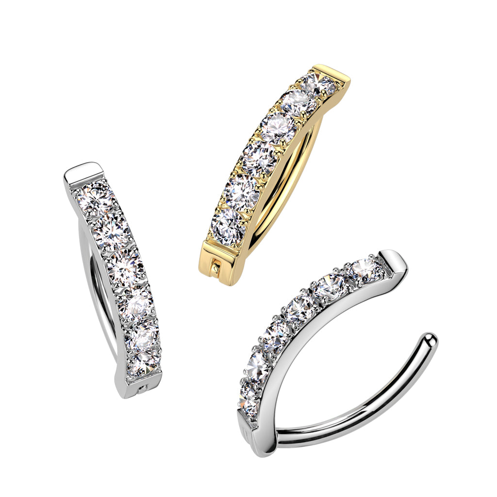 Melchior Jewellery titanium hinged belly ring curved bar with clear crystals in silver and gold