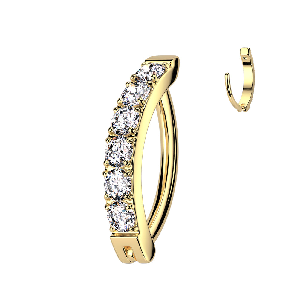 Melchior Jewellery titanium hinged belly ring gold curved hoop with five clear cubic zirconia stones