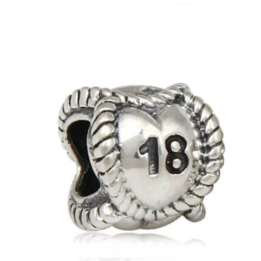 Melchior Jewellery silver charm bead with heart design and number 18 for 18th birthday bead for bracelet