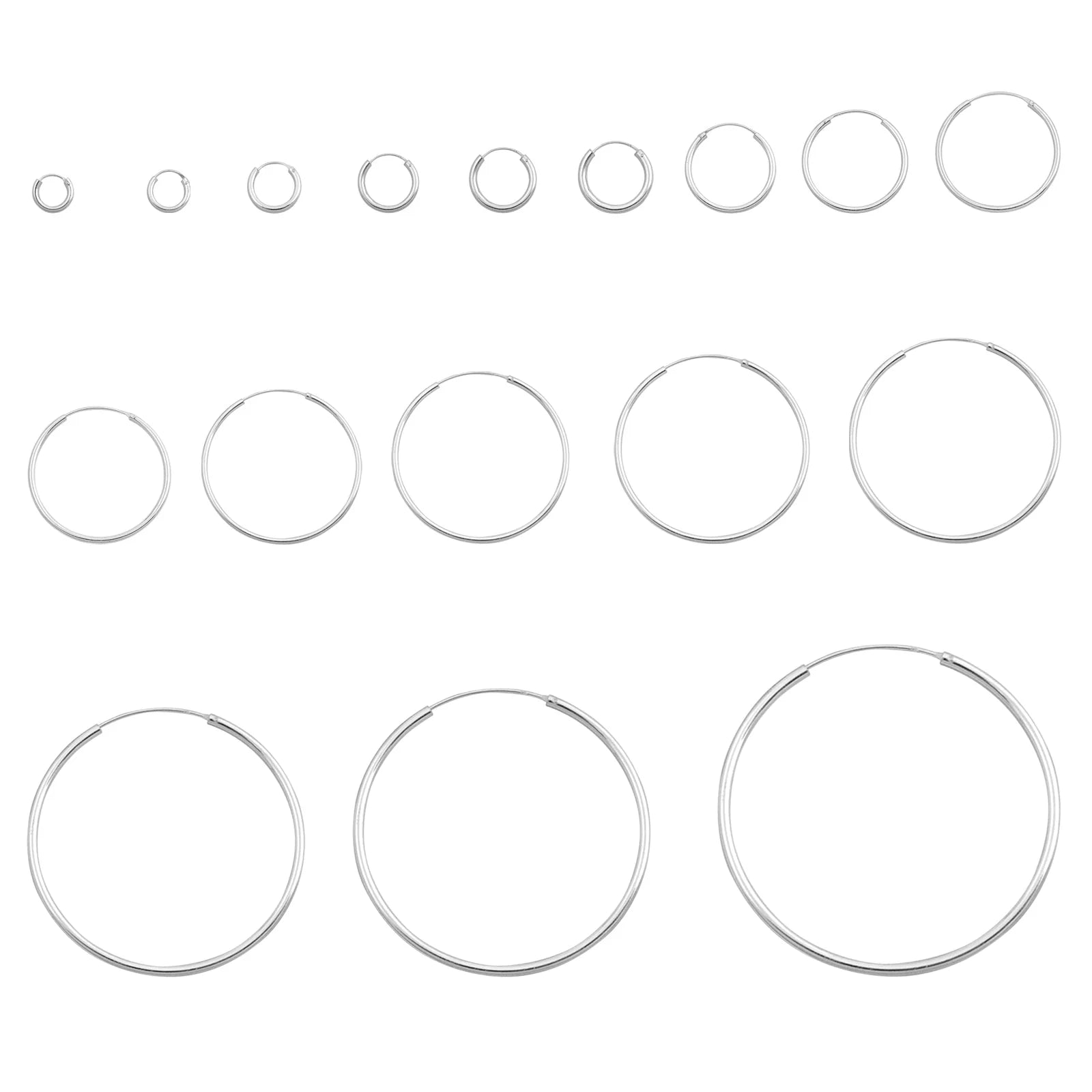 Melchior Jewellery womens earrings display multiple sizes of 2mm thick rhodium plated hoops