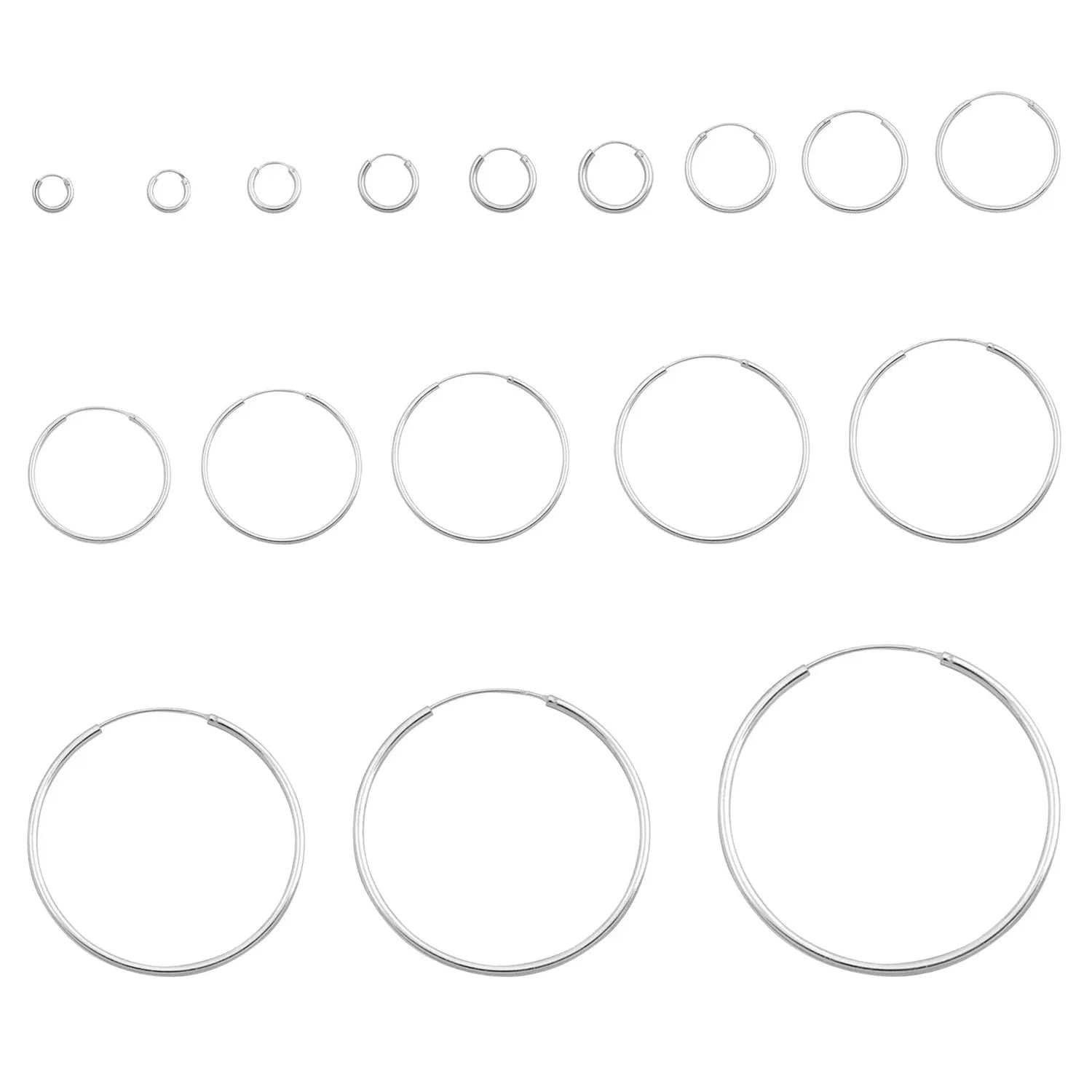 Melchior Jewellery womens earrings display multiple sizes of 2mm thick rhodium plated hoops