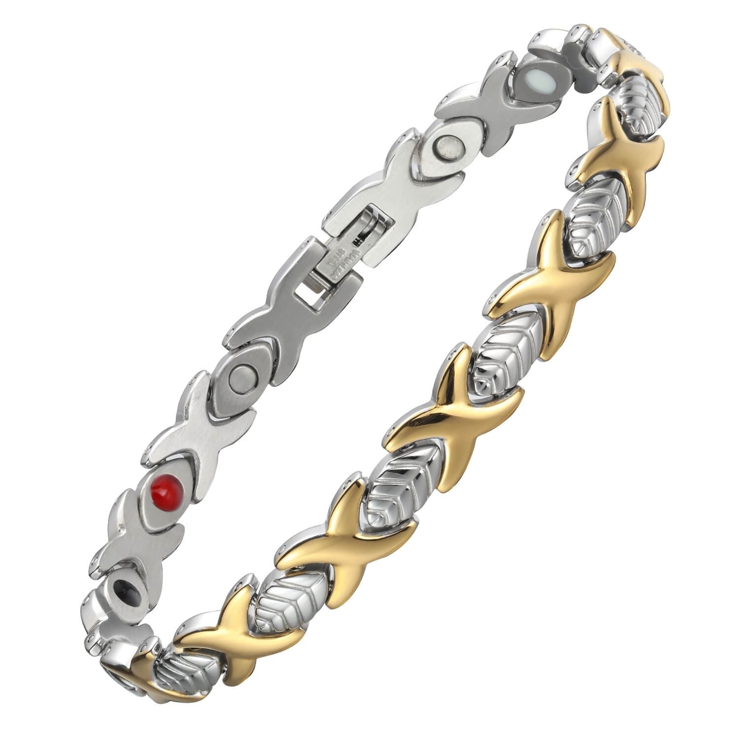 Melchior Jewellery 4in1 healing magnetic bracelet with gold and silver X-shaped links and red magnetic detail