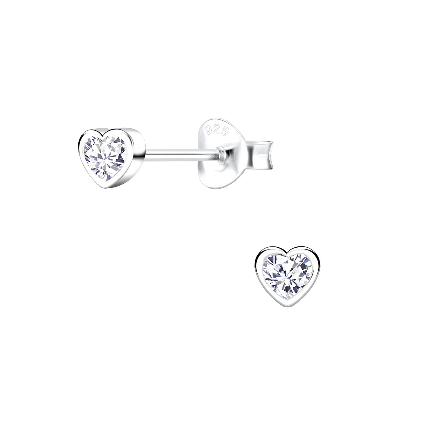 Melchior Jewellery 4mm heart earrings for girls in silver with clear crystal stones