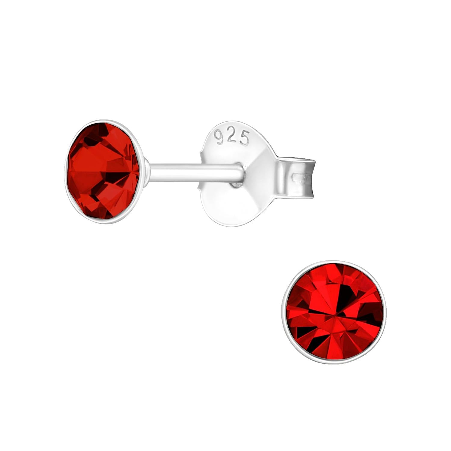 Melchior Jewellery 4mm round cubic zirconia earrings with vibrant red stones set in sterling silver studs