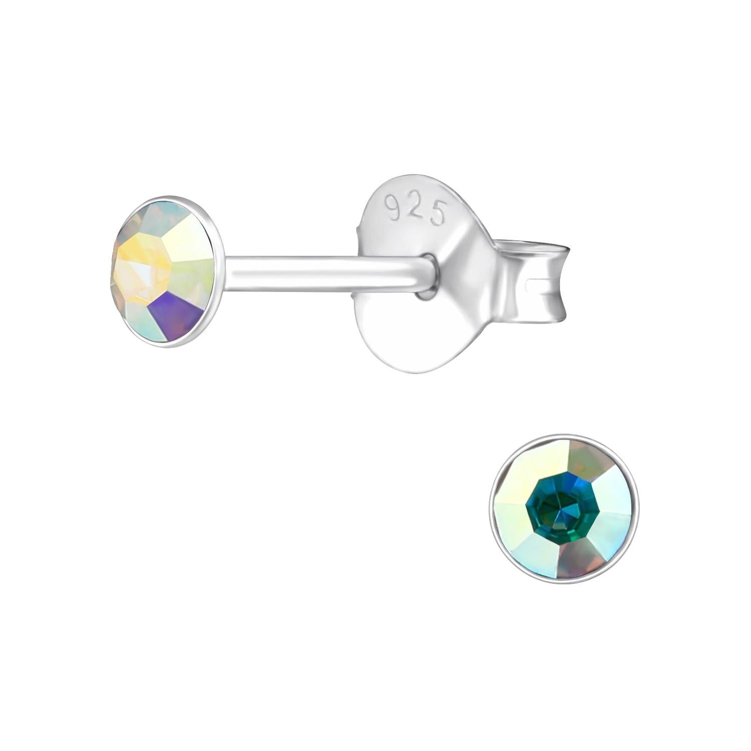 Melchior Jewellery 4mm round cubic zirconia earrings with iridescent multicoloured stones set in sterling silver