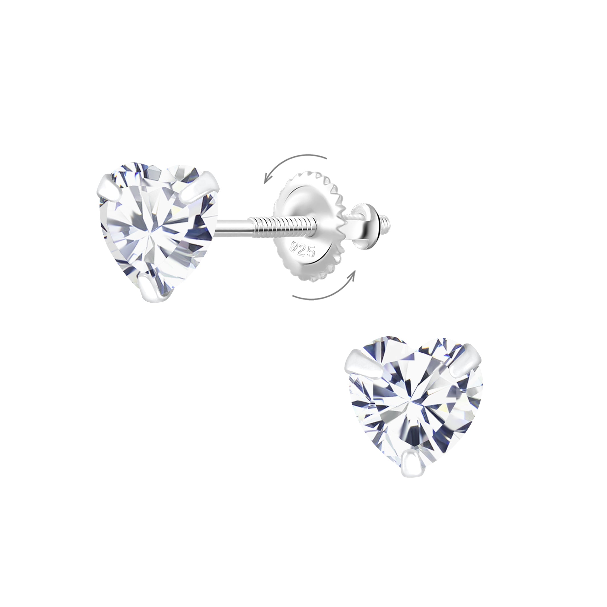 6mm CZ screw back earrings for girls by Melchior Jewellery featuring heart-shaped clear stones