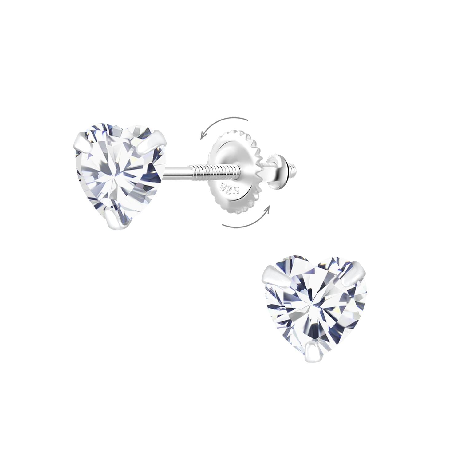 6mm CZ screw back earrings for girls by Melchior Jewellery featuring heart-shaped clear stones
