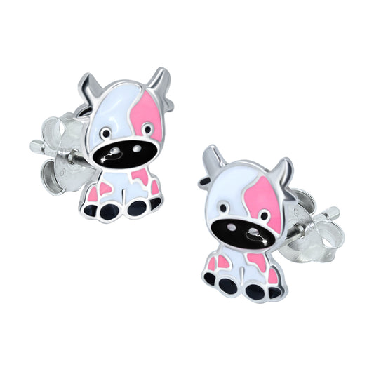 925 silver cow earrings for girls by Melchior Jewellery featuring cute pink and black enamel design
