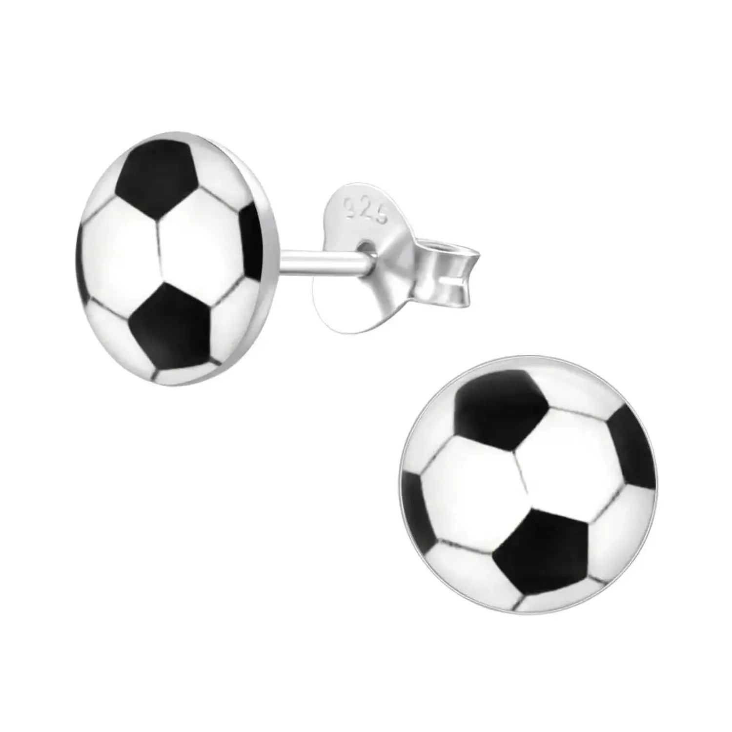 925 silver football stud earrings for kids featuring black and white enamel soccer ball design by Melchior Jewellery