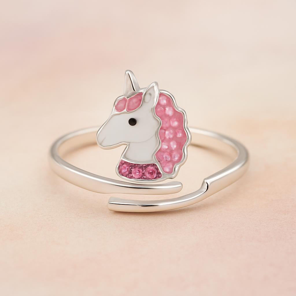 Melchior Jewellery adjustable unicorn ring for kids with pink and silver design