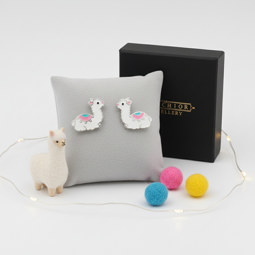 Melchior Jewellery alpaca stud earrings for kids displayed on grey cushion with gift box and colourful felt balls