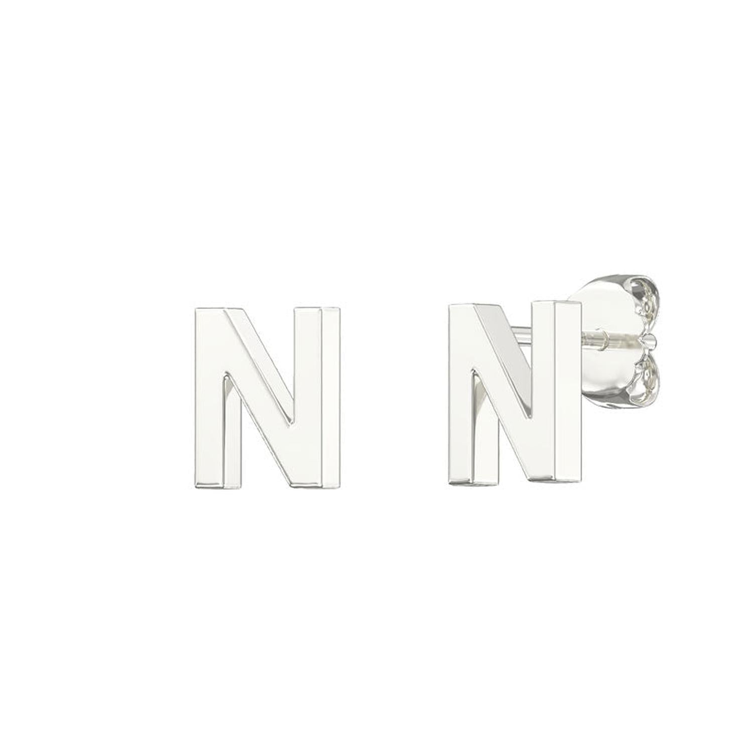Sterling silver Alphabet Letter N Stud Earrings for children by Melchior Jewellery in polished finish