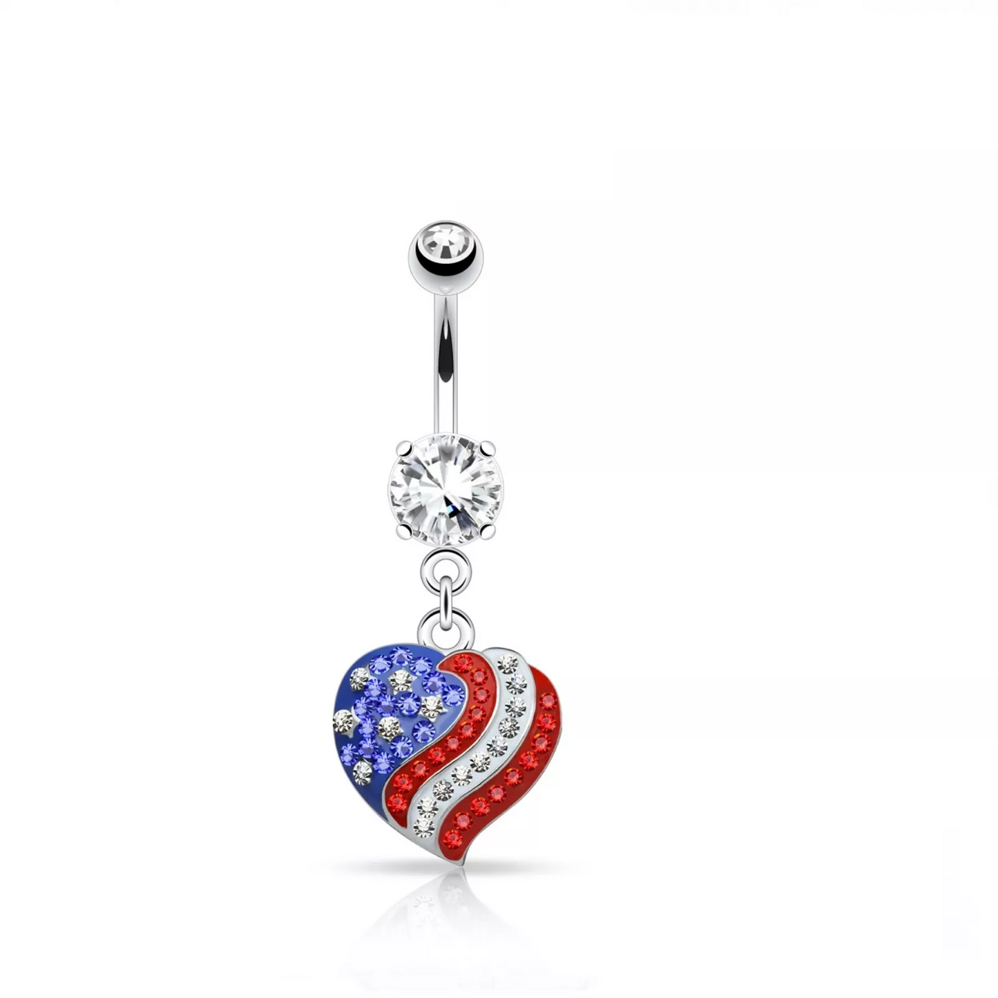 Melchior Jewellery American flag navel ring with heart-shaped red white and blue crystals