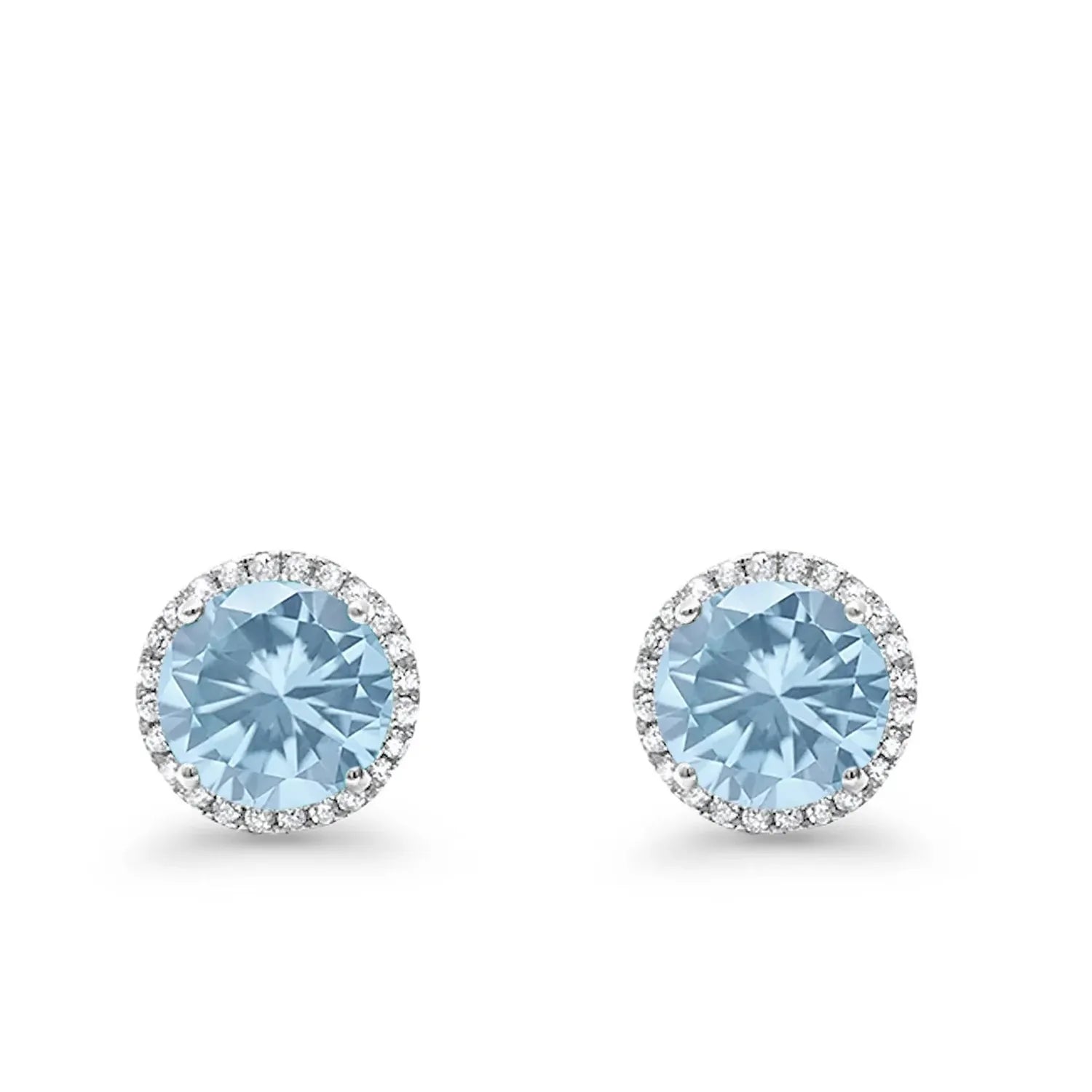 Melchior Jewellery aquamarine halo stud earrings 925 silver with round light blue stones surrounded by sparkling silver halo