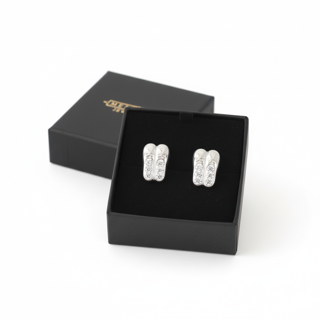 Melchior Jewellery ballet shoe stud earrings for kids in silver with crystal details in black gift box