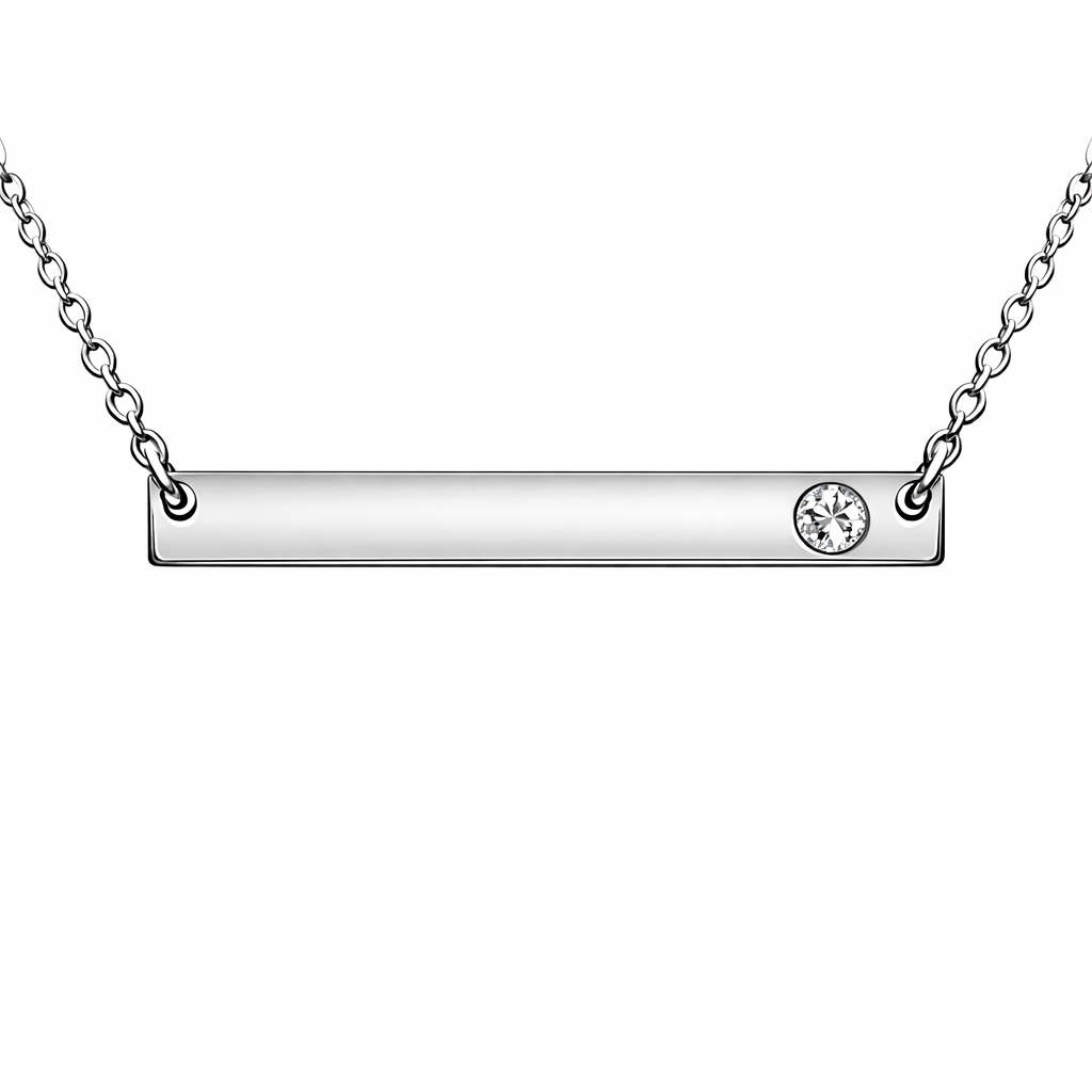 Silver Birthstone Bar Necklace by Melchior Jewellery featuring a clear white birthstone on a polished silver bar pendant