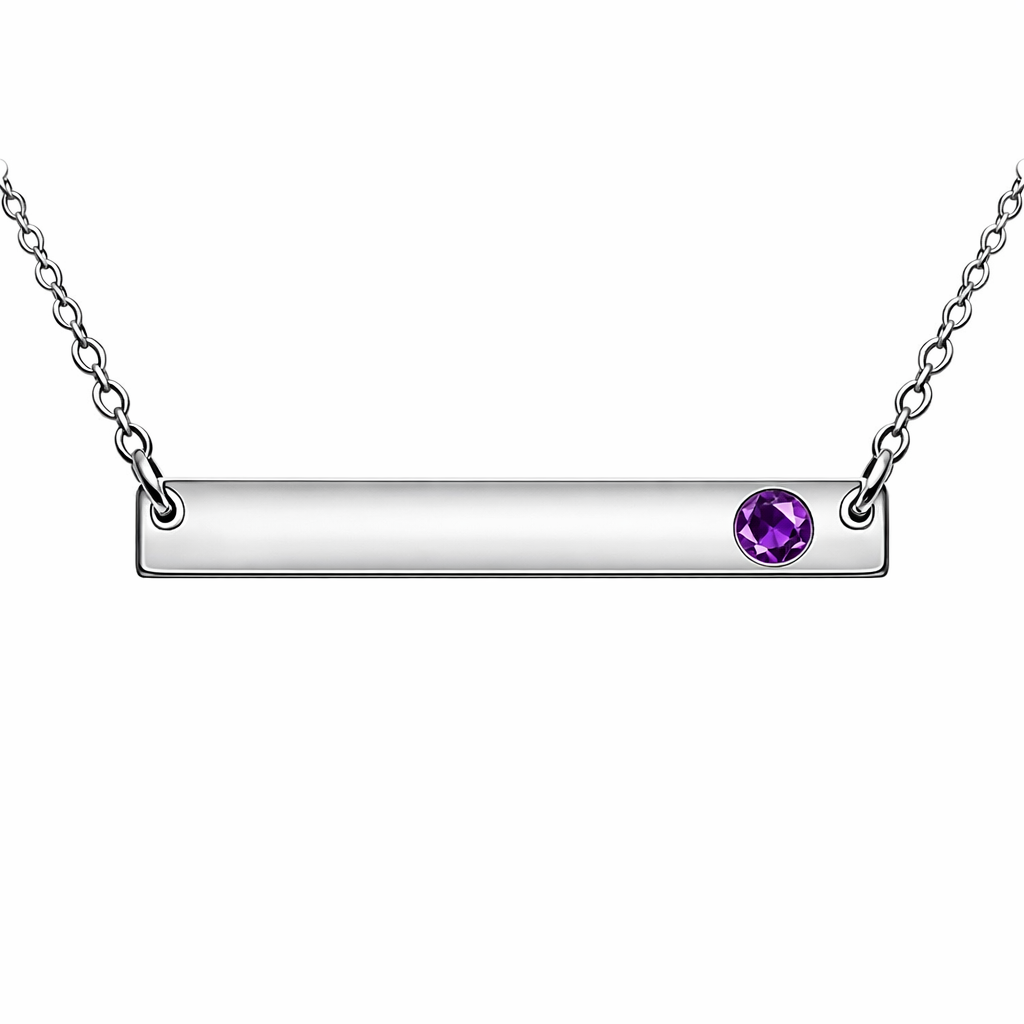 Silver Birthstone Bar Necklace from Melchior Jewellery with a sparkling purple amethyst gem on a delicate chain
