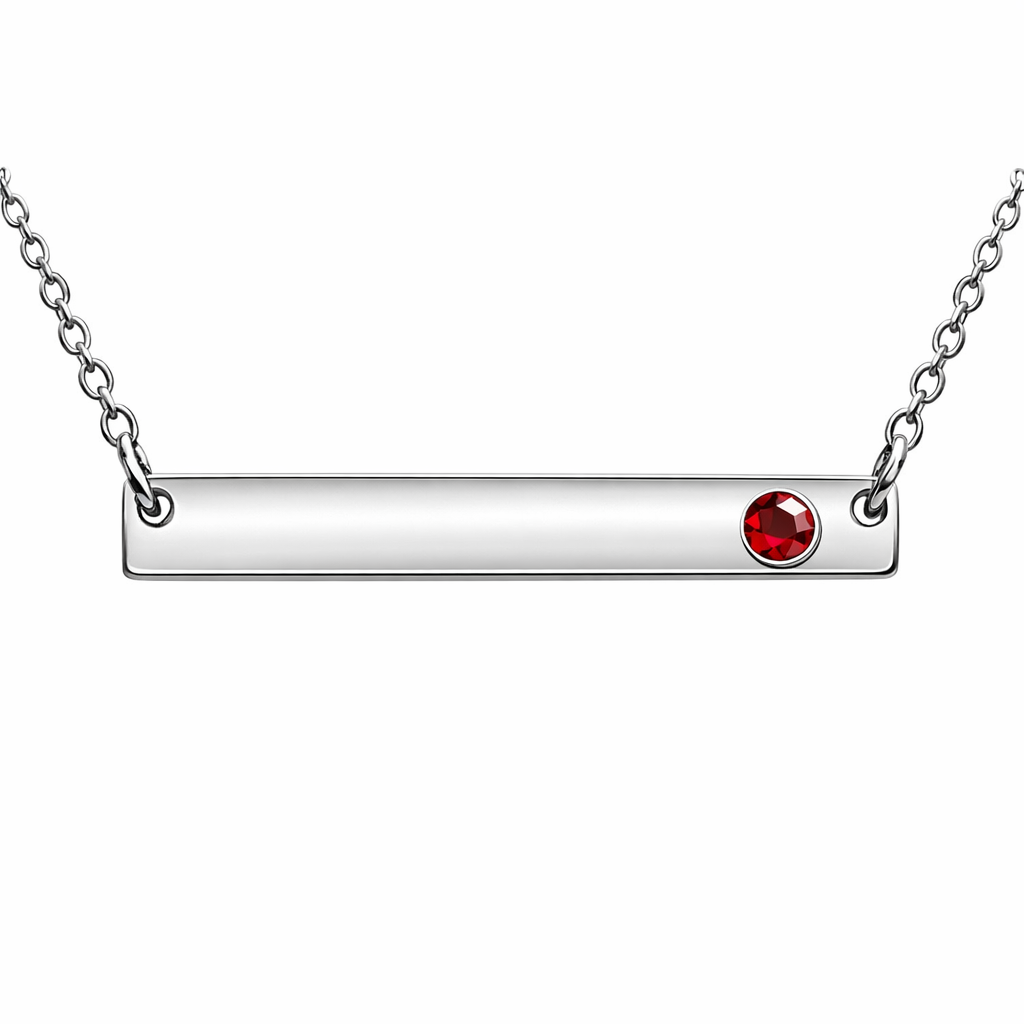 Silver Birthstone Bar Necklace by Melchior Jewellery featuring a red gemstone on a sleek silver bar with chain