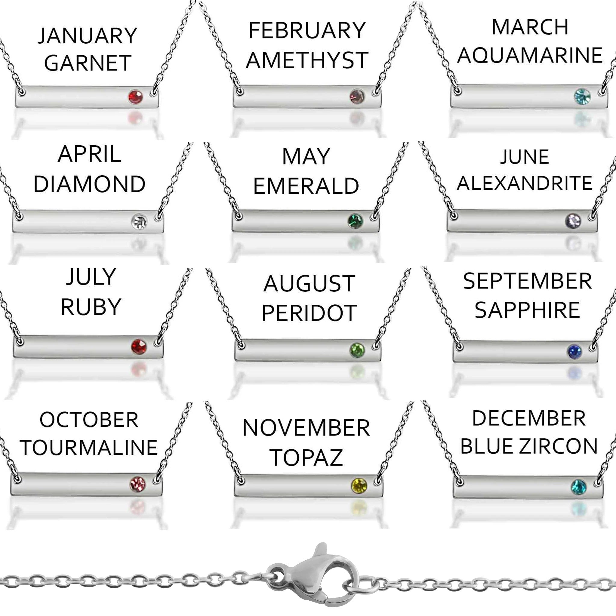 Melchior Jewellery Birthstone Bar Necklace collection with silver bars and coloured gemstones representing each month