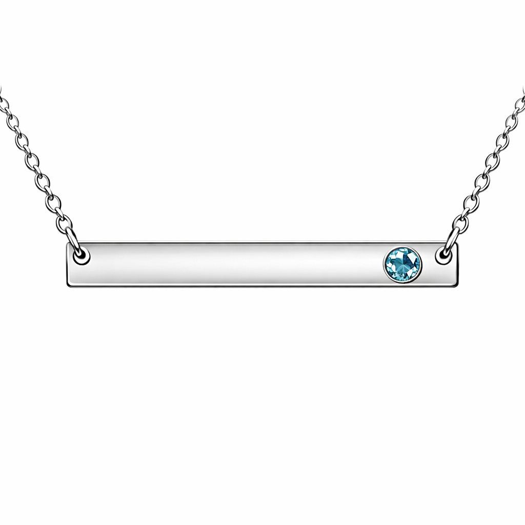 Silver Birthstone Bar Necklace by Melchior Jewellery featuring a delicate blue topaz stone on a polished horizontal bar