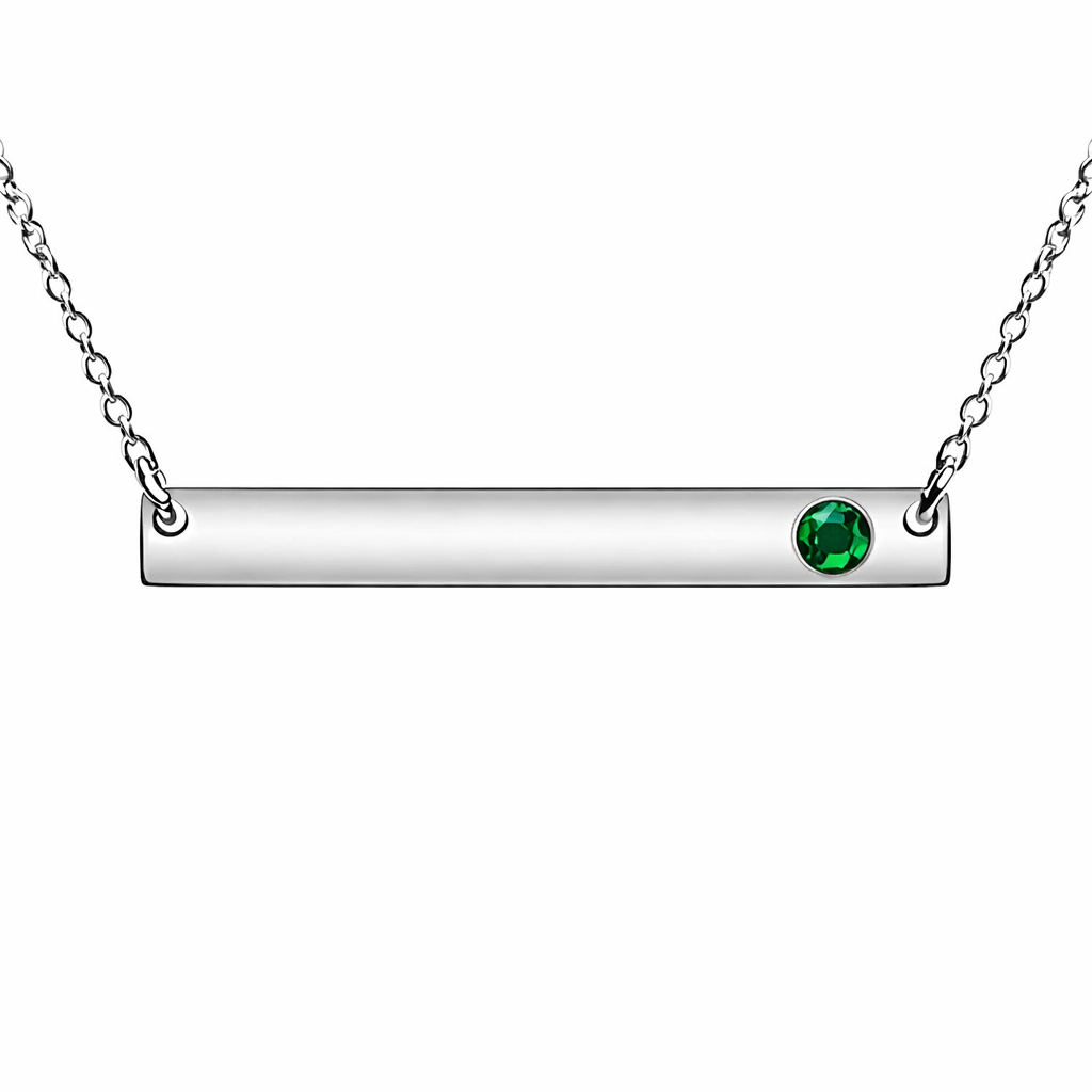 Silver Birthstone Bar Necklace by Melchior Jewellery featuring a vibrant green emerald gemstone on a polished bar pendant