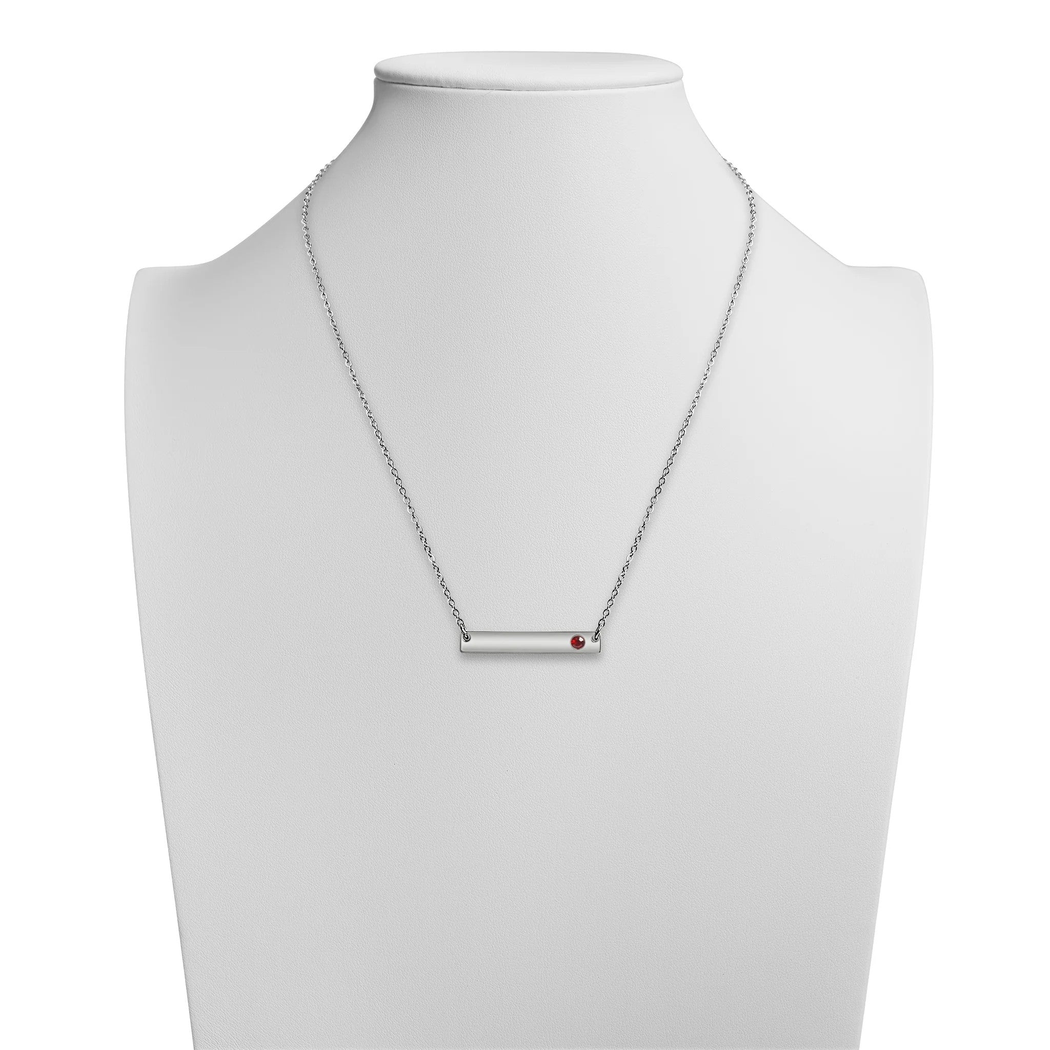 Melchior Jewellery silver Birthstone Bar Necklace with red birthstone on delicate chain