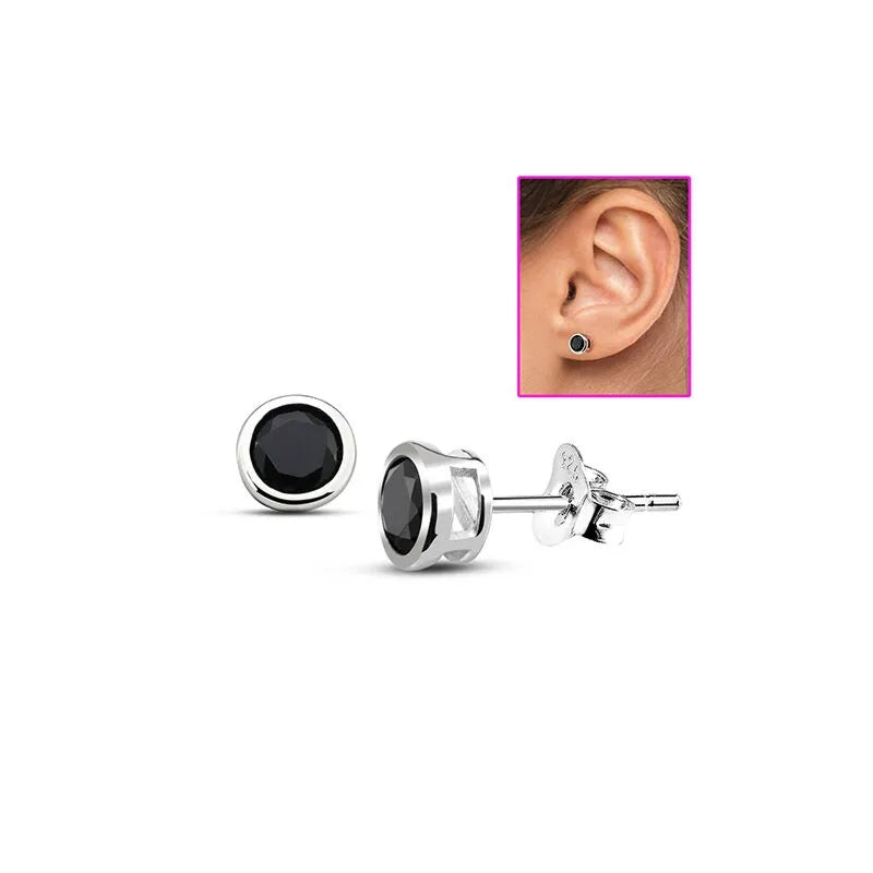 Melchior Jewellery silver stud black cubic zirconia earrings bezel set with butterfly backs shown worn