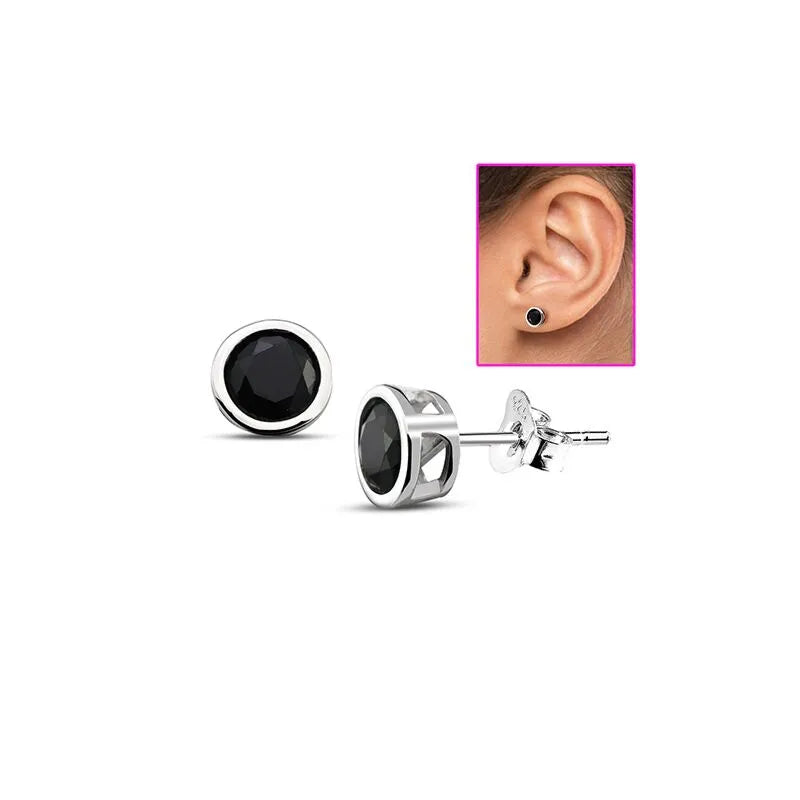 Melchior Jewellery womens silver stud black cubic zirconia earrings shown front and worn on ear
