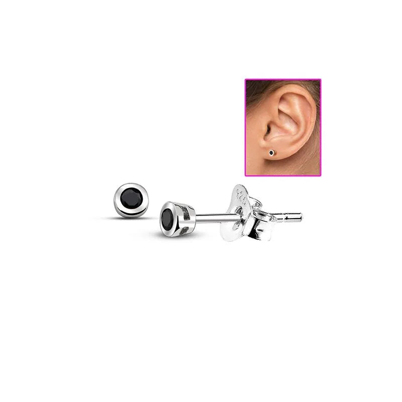 Melchior Jewellery sterling silver stud black cubic zirconia earrings shown with ear model