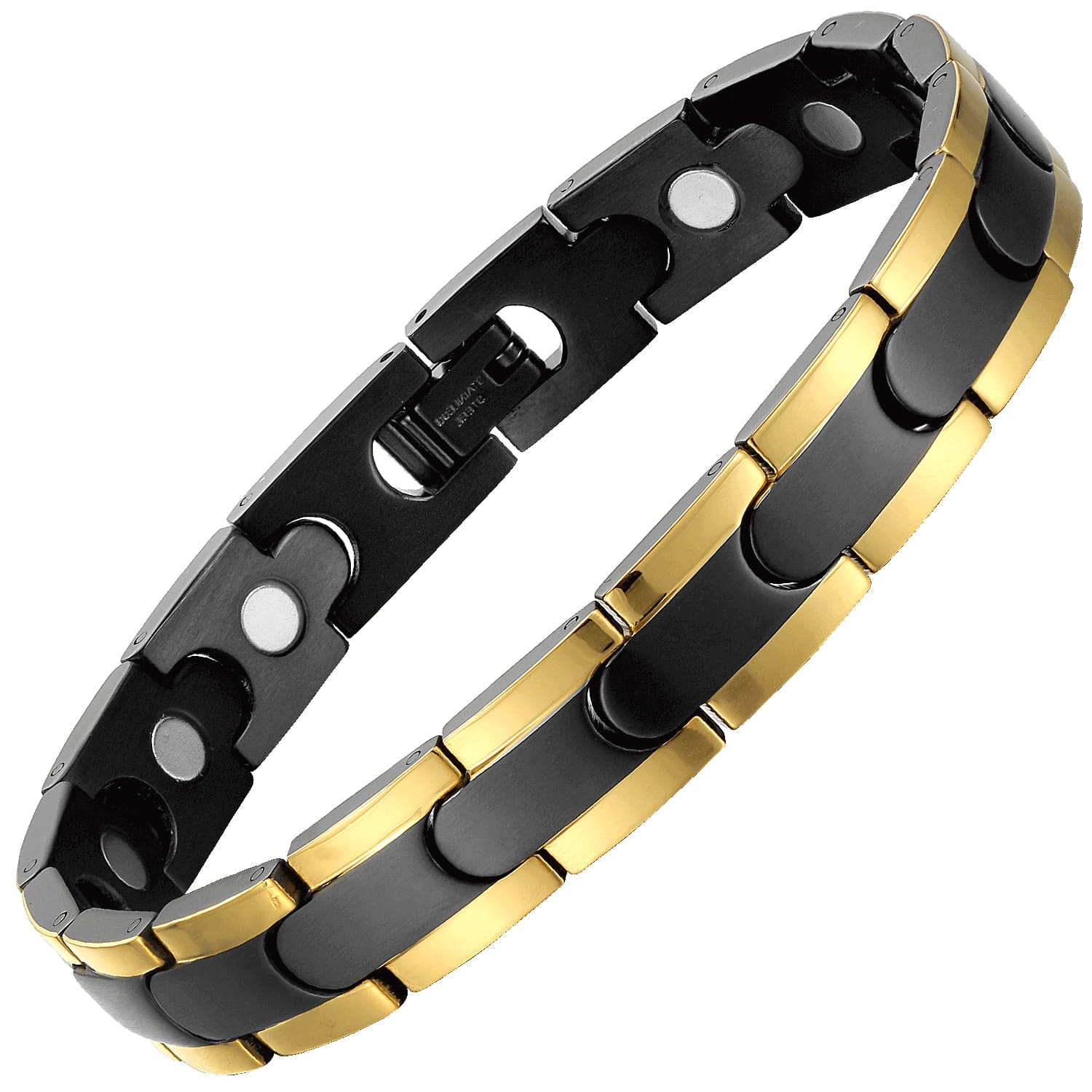 Melchior Jewellery black gold titanium magnetic bracelet with dual tone links and magnetic therapy inserts
