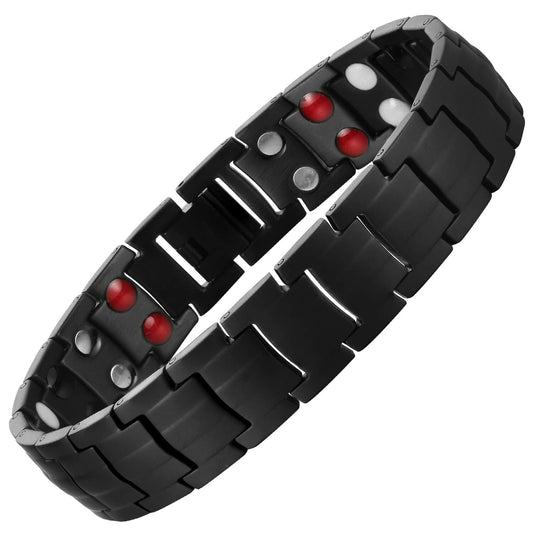 Melchior Jewellery black titanium magnetic bracelet with black link design and red and silver therapy beads