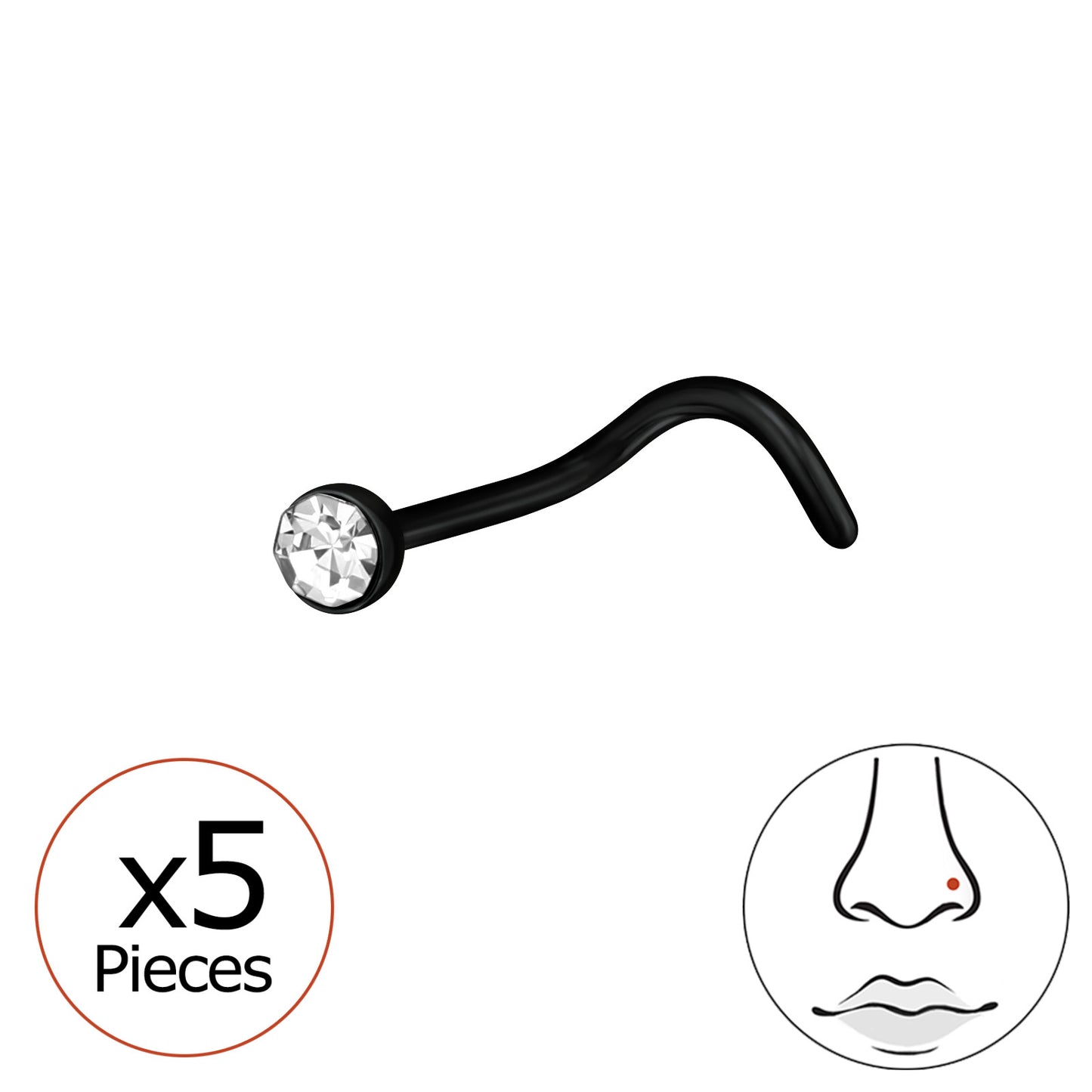Melchior Jewellery black titanium nose stud with crystal L shaped S bend clear gem pack of five