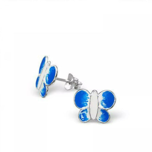 Blue butterfly stud earrings for kids by Melchior Jewellery with silver detailing and vibrant blue wings